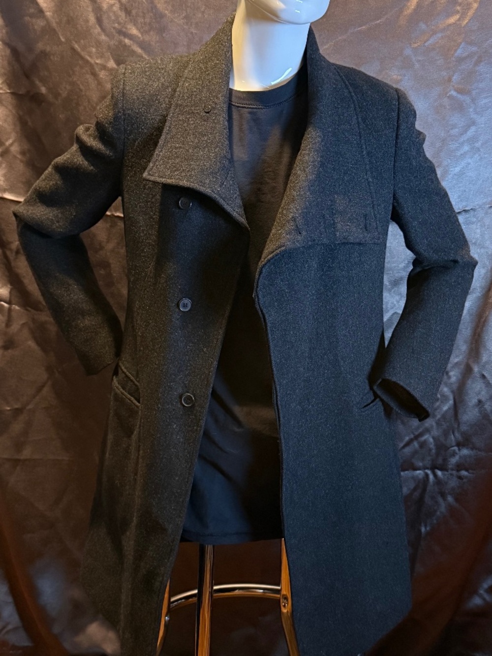 All Saints Bale Black Wool Asymmetrical Button Down Funnel Neck Modern Coat